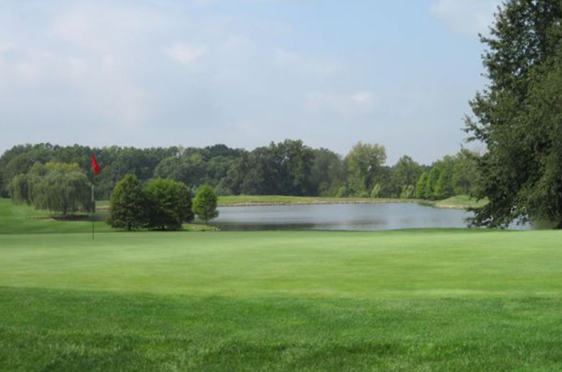 view of lake and flag on golf course green